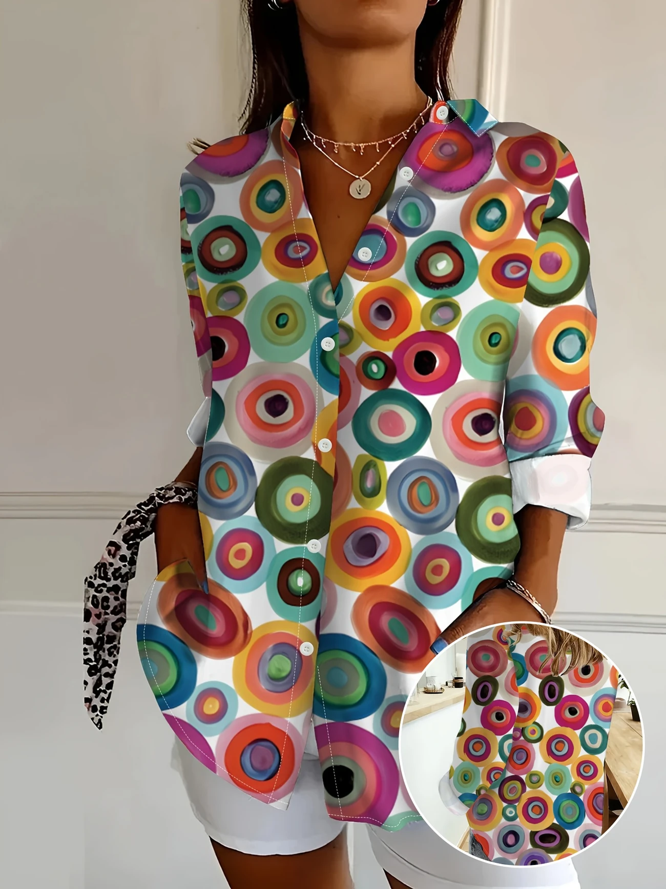 Women Abstract Long Sleeve Shirt Spring/Fall Buckle Shirt Collar Daily Casual Top