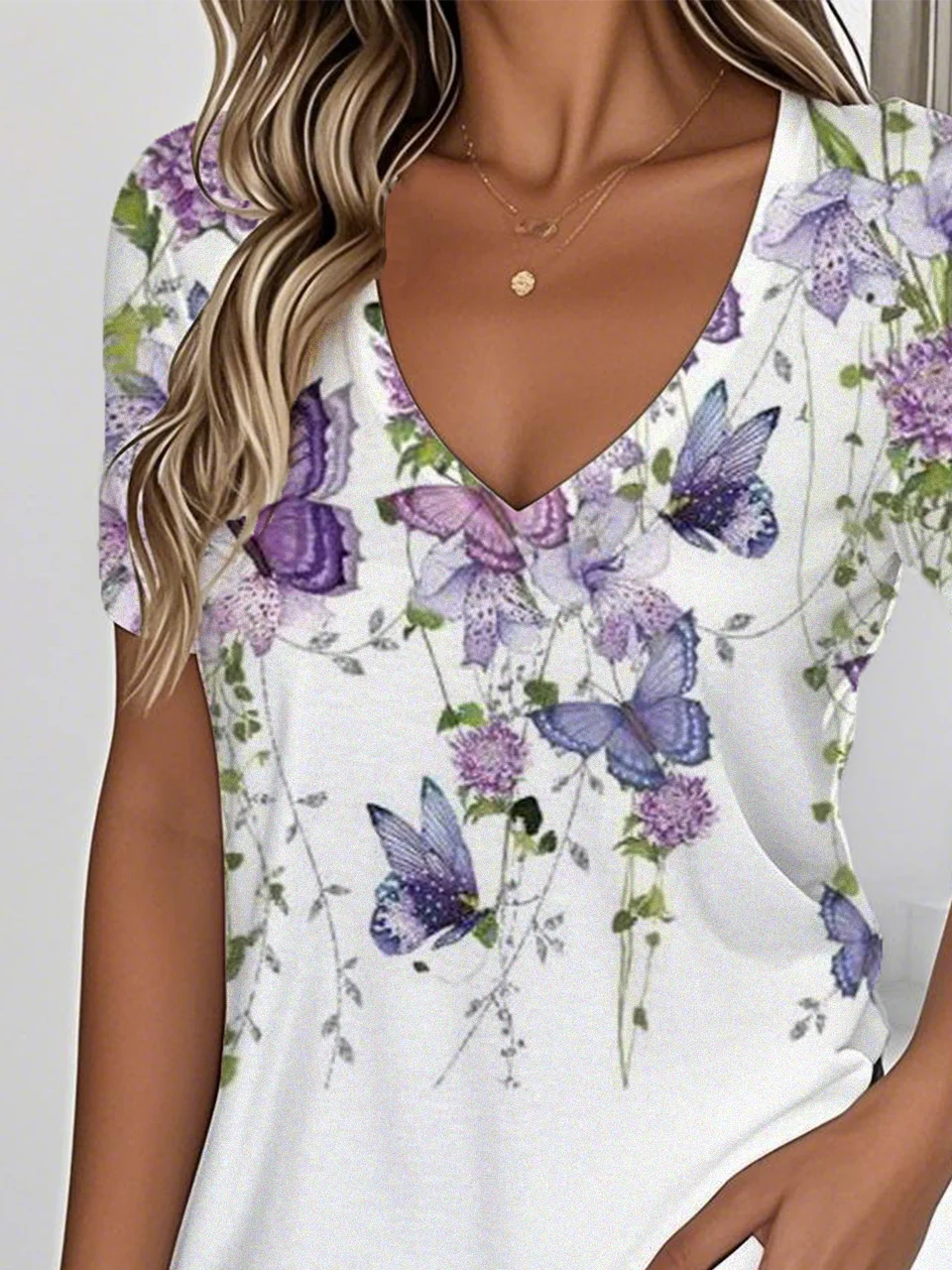 Women Floral Short Sleeve Tee T-shirt V Neck Casual Summer Top