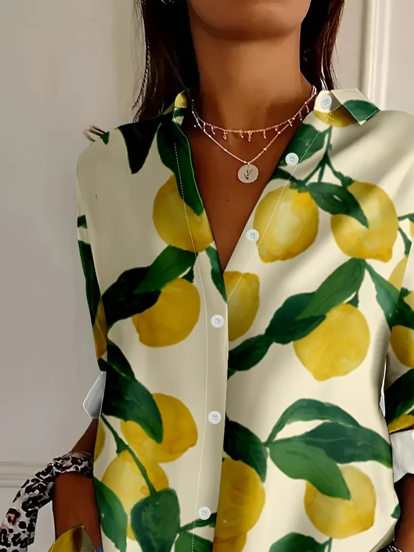 Women Lemon Long Sleeve Shirt Spring/Fall Buckle Shirt Collar Daily Casual Top