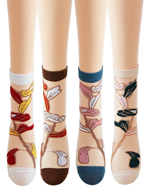 Hot Sale Women's Medium Tube Crystal Stockings Spring And Summer Thin Flower Print Glass Silk Women's Socks Non-slip Socks For Women