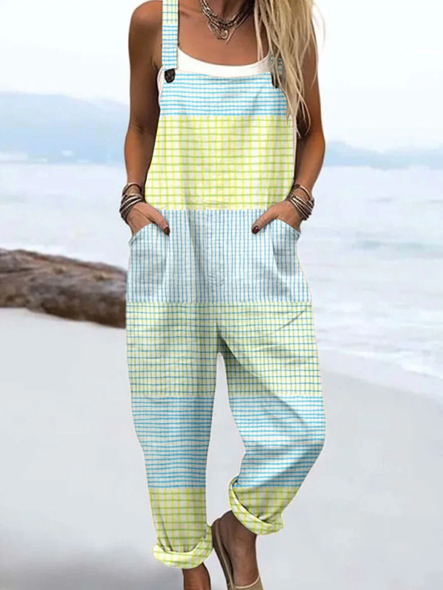 Women Striped Square Neck Sleeveless Casual Spring/Fall Bib Pants