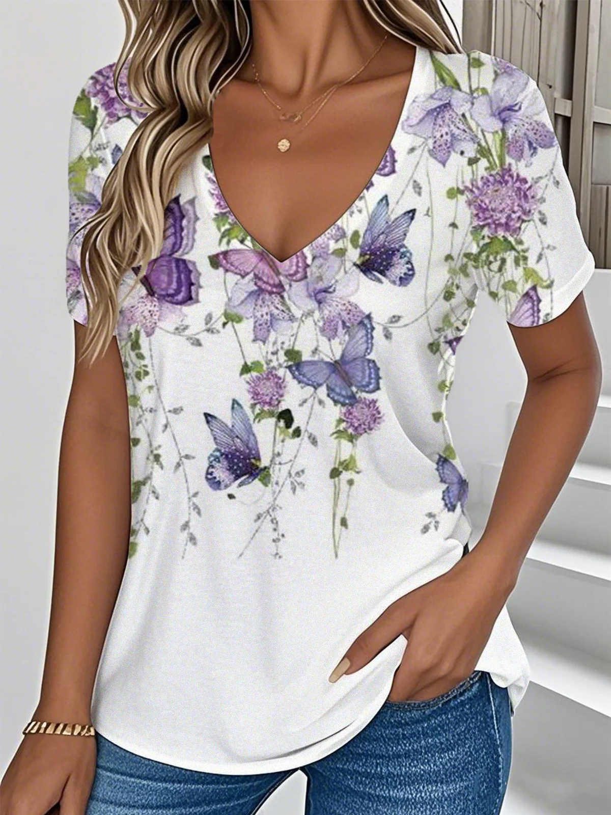 Women Floral Short Sleeve Tee T-shirt V Neck Casual Summer Top