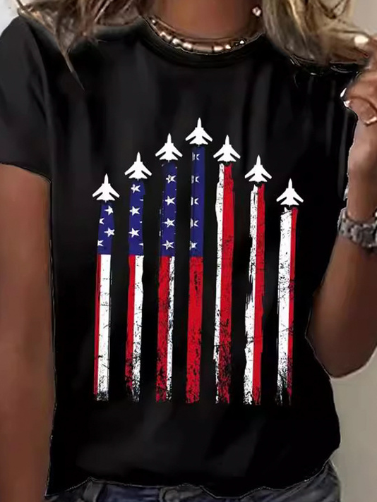 Women Independence Day (Flag) Short Sleeve Tee T-shirt Crew Neck Casual Summer Top