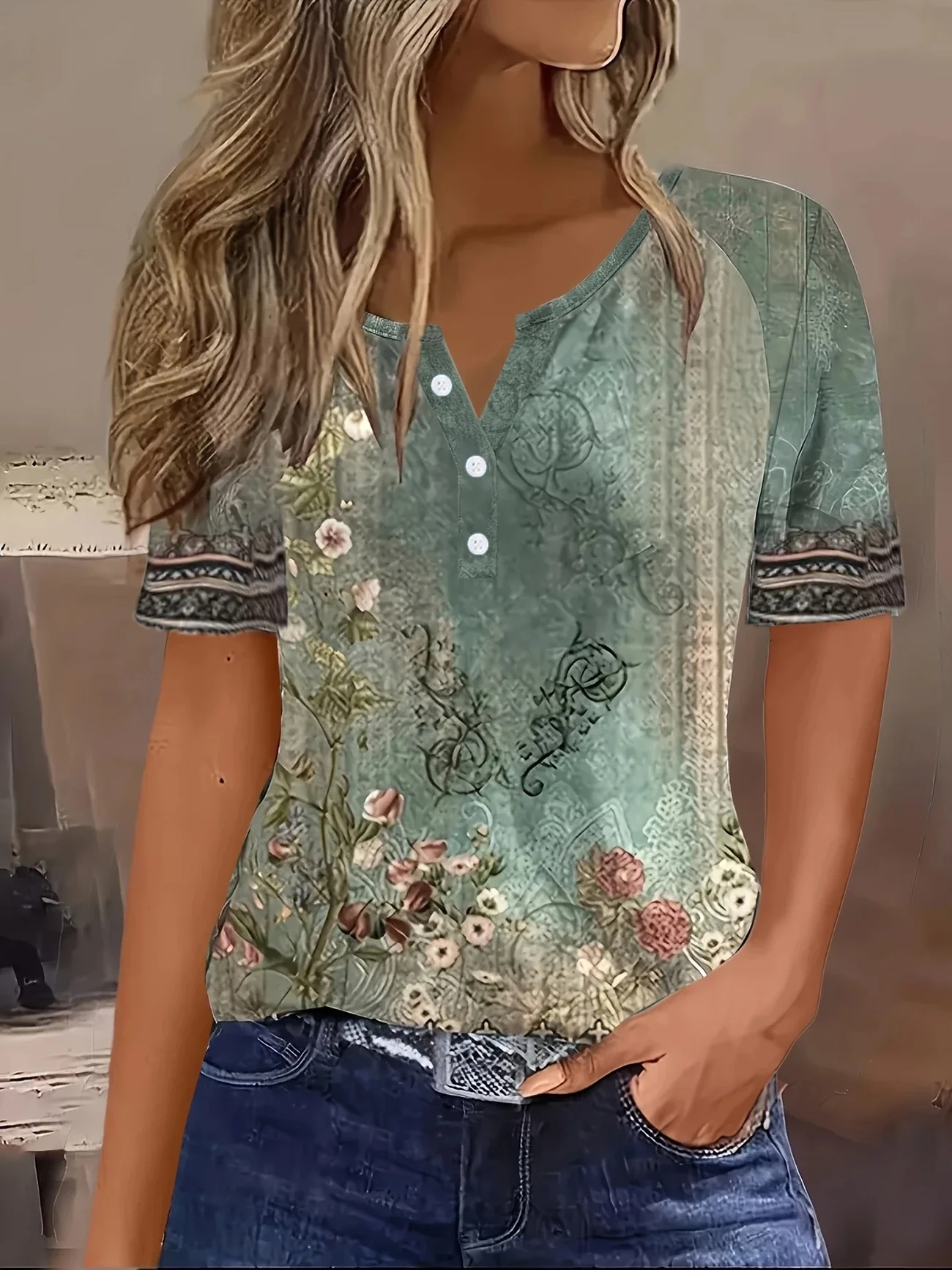 Women Floral Short Sleeve Tee T-shirt Crew Neck Printing Casual Summer Graphic Tee Top