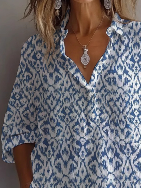 Women Geometric Long Sleeve Shirt Spring/Fall Printing Shirt Collar Daily Casual Top
