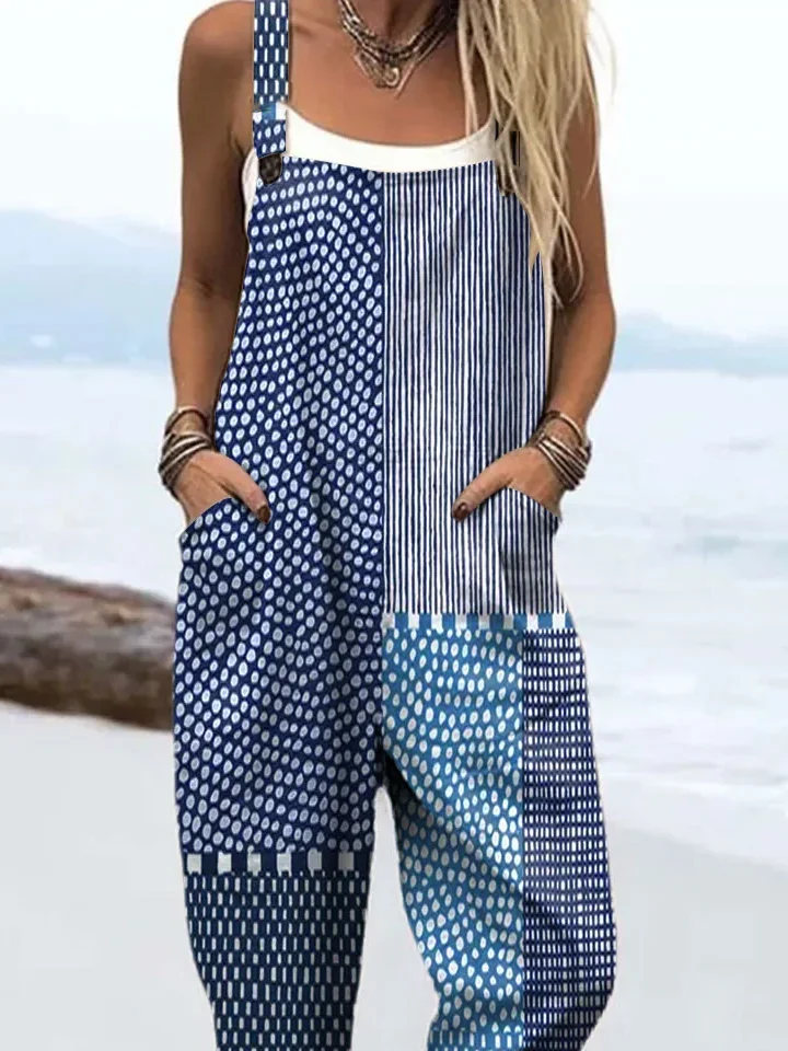 Women Striped Square Neck Sleeveless Casual Spring/Fall Bib Pants
