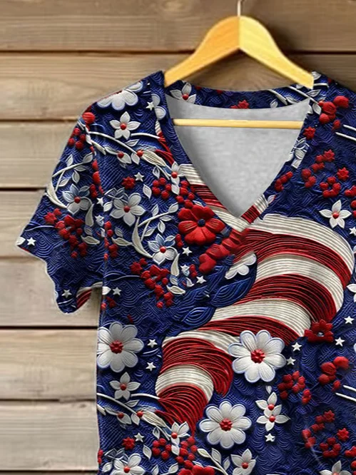 Women Floral Short Sleeve Tee T-shirt V Neck Printing Casual Summer Graphic Tee Top