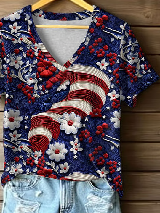 Women Floral Short Sleeve Tee T-shirt V Neck Printing Casual Summer Graphic Tee Top
