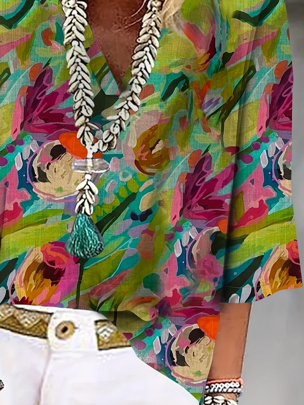 Women Floral Three Quarter Sleeve Blouse Spring/Fall Printing V Neck Daily Casual Top