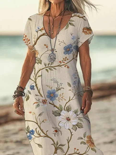 Women Floral Short Sleeve Summer Printing Dress V Neck Daily Casual Maxi X-Line Dress