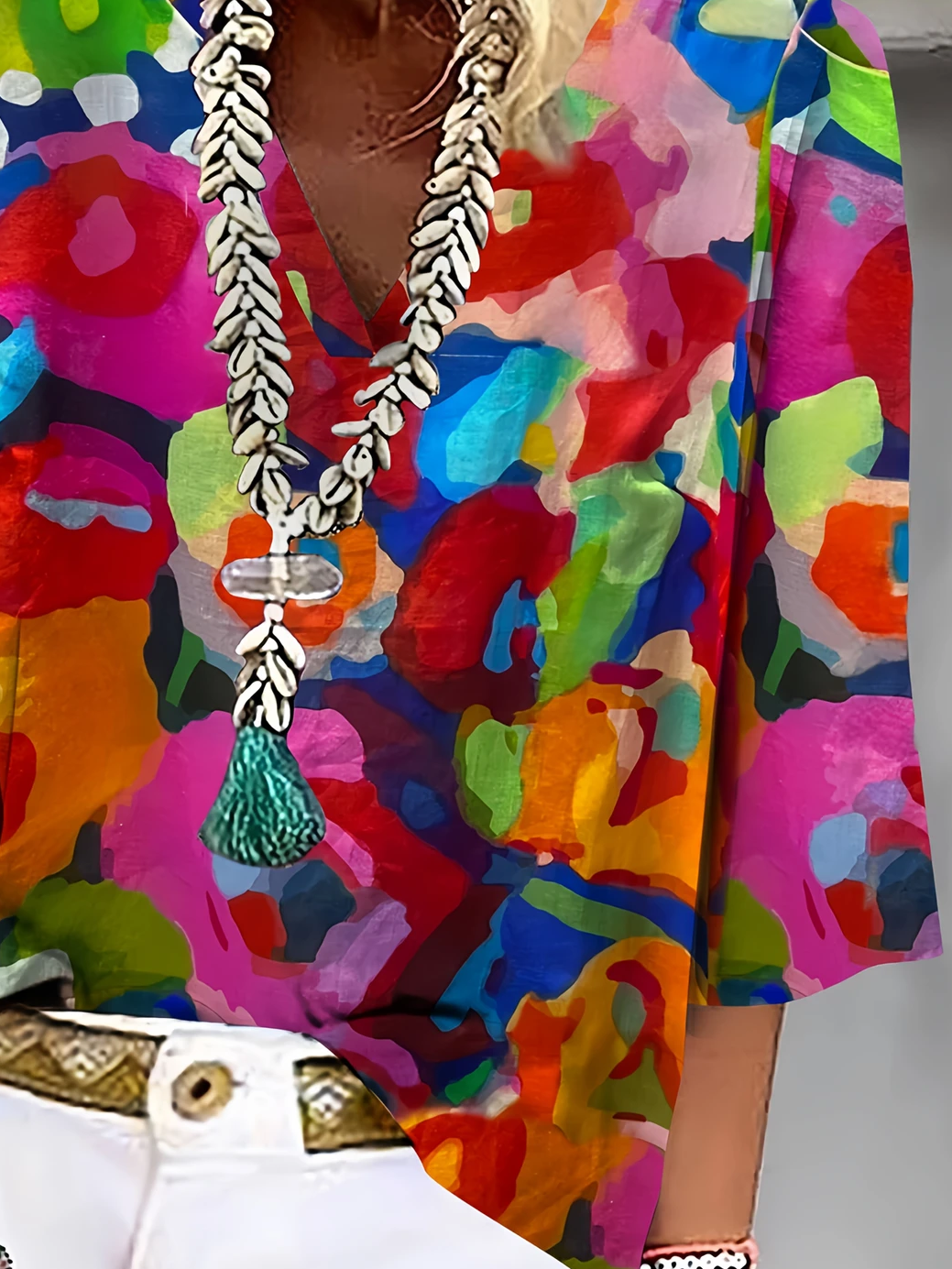 Women Abstract Three Quarter Sleeve Blouse Spring/Fall Printing V Neck Daily Casual Top