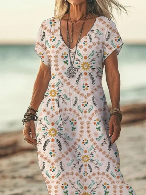 Women Floral Short Sleeve Summer Printing Dress V Neck Daily Casual Maxi X-Line Dress