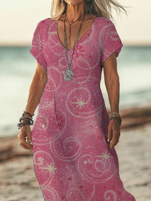 Women Floral Short Sleeve Summer Printing Dress V Neck Daily Casual Maxi X-Line Dress