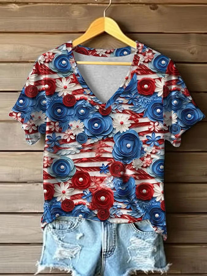 Women Floral Short Sleeve Tee T-shirt V Neck Printing Casual Summer Graphic Tee Top