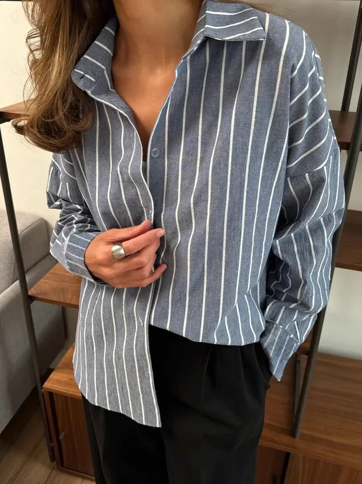 Women Striped Long Sleeve Shirt Spring/Fall Polo Collar Daily Casual Top