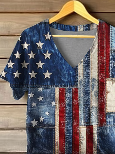 Women Independence Day (Flag) Short Sleeve Tee T-shirt V Neck Printing Casual Summer Graphic Tee Top