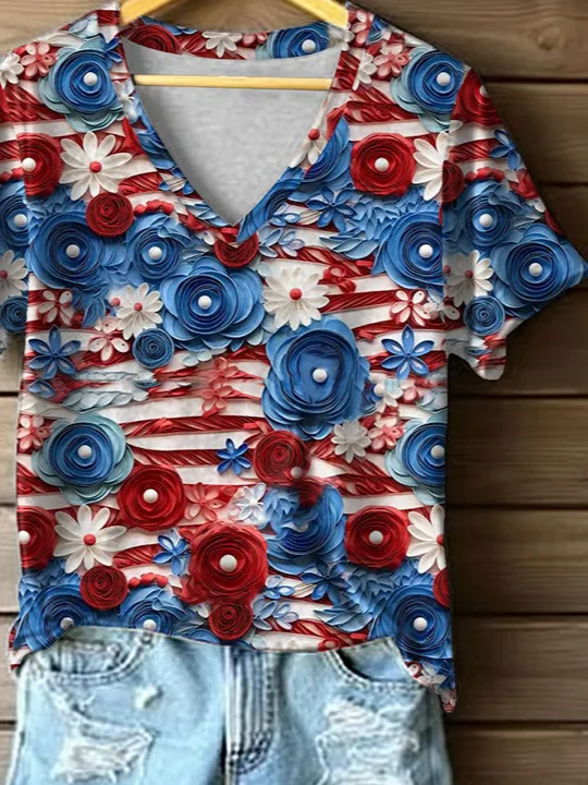 Women Floral Short Sleeve Tee T-shirt V Neck Printing Casual Summer Graphic Tee Top