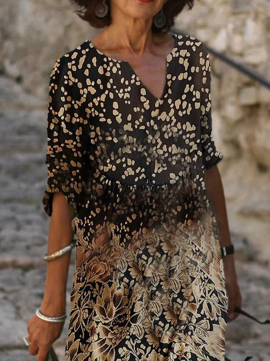 Women Floral Half Sleeve Summer Printing Dress V Neck Daily Casual Mini Shift Dress H-Line Dress