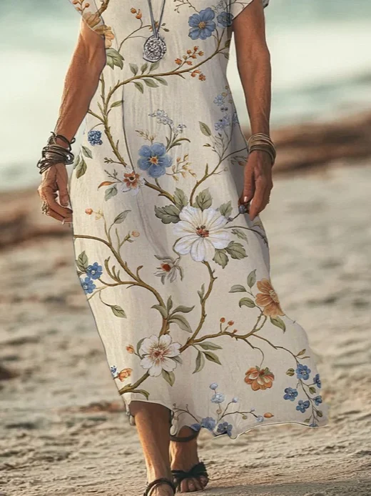 Women Floral Short Sleeve Summer Printing Dress V Neck Daily Casual Maxi X-Line Dress