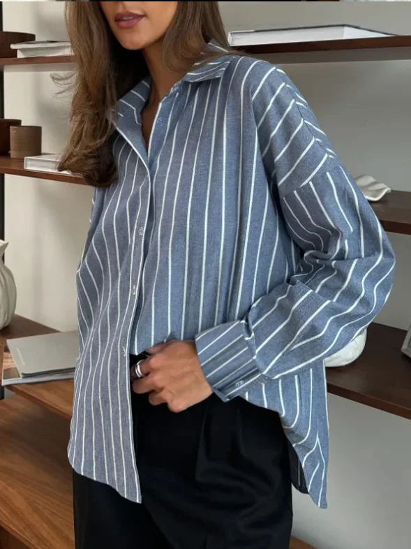 Women Striped Long Sleeve Shirt Spring/Fall Polo Collar Daily Casual Top