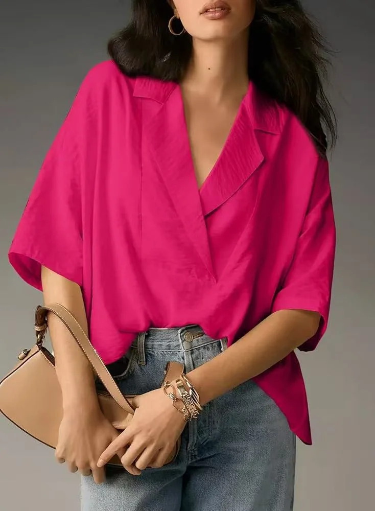 Women Plain Half Sleeve Shirt Summer Split Joint Shawl Collar Daily Casual Top