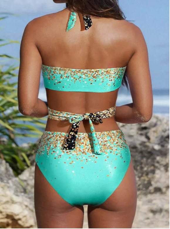 Boho Glitter Color Block Sexy Women's Swimsuit Cross Leopard Sequin Gradient Bikini
