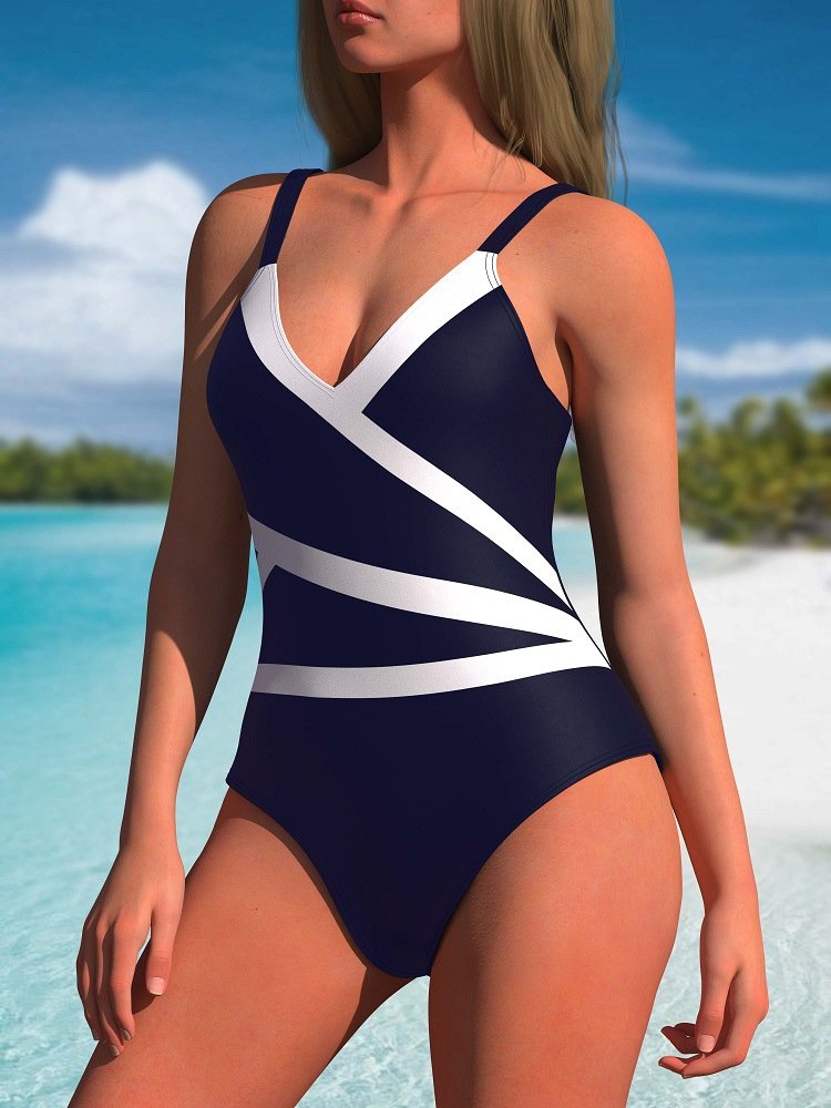 New Fashion Sports Slim Sexy Color Matching Simple Slimming Sling V-neck Women's One-piece Bikini Swimsuit
