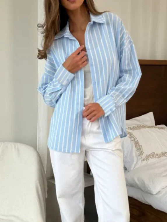 Women Striped Long Sleeve Shirt Spring/Fall Polo Collar Daily Casual Top