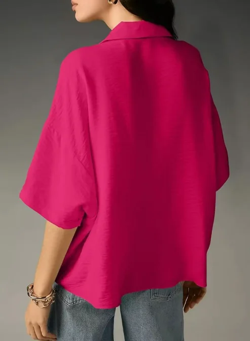 Women Plain Half Sleeve Shirt Summer Split Joint Shawl Collar Daily Casual Top