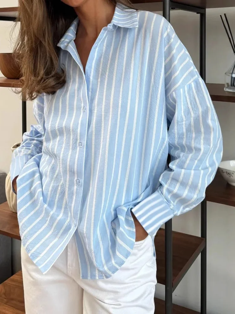 Women Striped Long Sleeve Shirt Spring/Fall Polo Collar Daily Casual Top