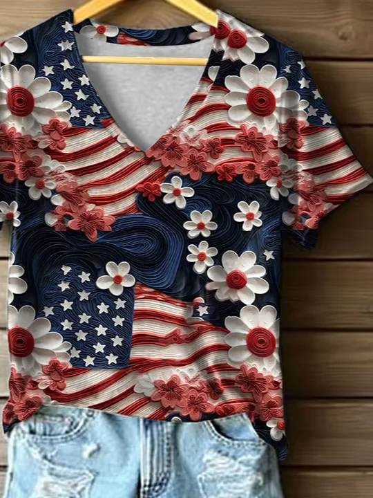 Women Floral Short Sleeve Tee T-shirt V Neck Printing Casual Summer Graphic Tee Top