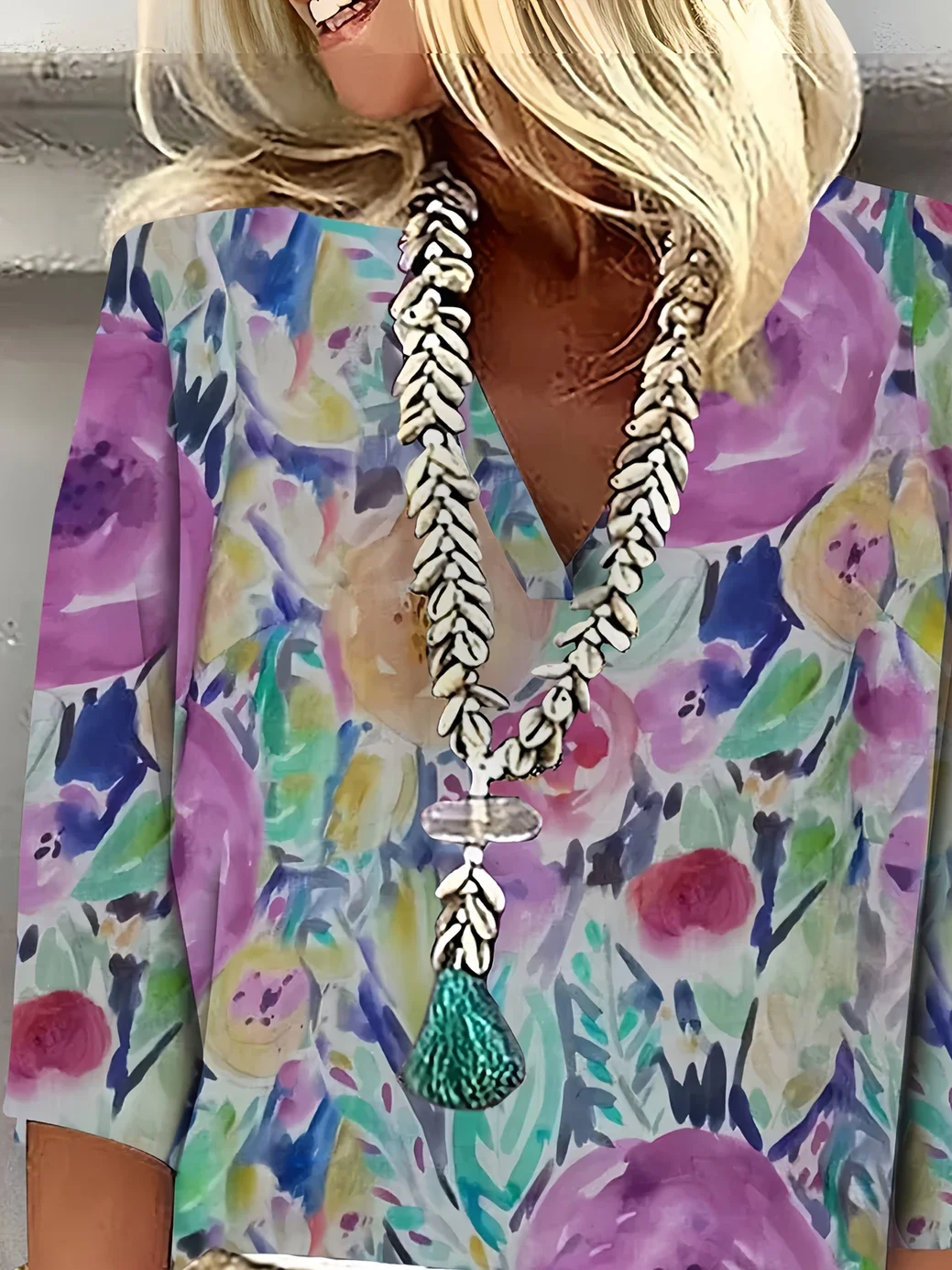 Women Floral Three Quarter Sleeve Blouse Spring/Fall Printing V Neck Daily Casual Top