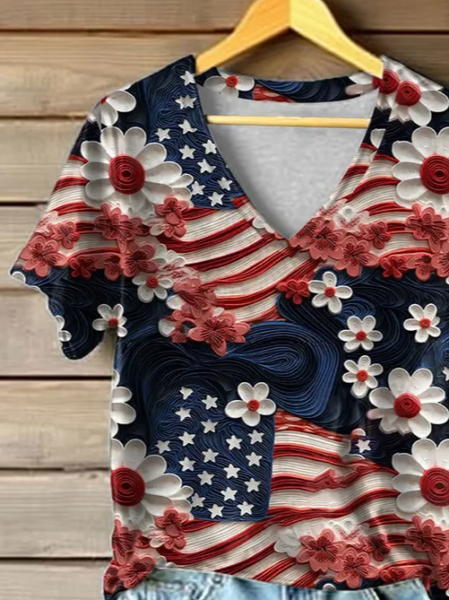 Women Floral Short Sleeve Tee T-shirt V Neck Printing Casual Summer Graphic Tee Top