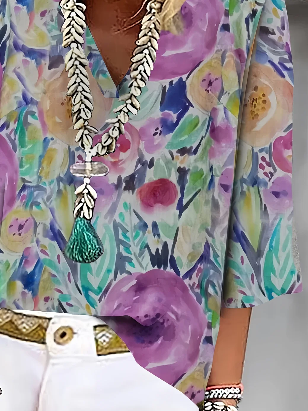 Women Floral Three Quarter Sleeve Blouse Spring/Fall Printing V Neck Daily Casual Top
