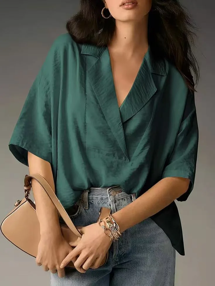 Women Plain Half Sleeve Shirt Summer Split Joint Shawl Collar Daily Casual Top