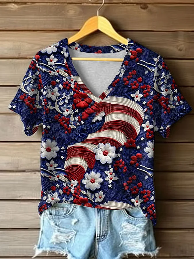 Women Floral Short Sleeve Tee T-shirt V Neck Printing Casual Summer Graphic Tee Top