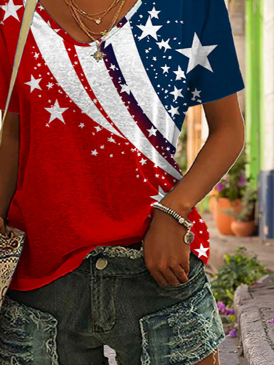 Women Independence Day (Flag) Short Sleeve Tee T-shirt V Neck Printing Casual Summer Graphic Tee Top