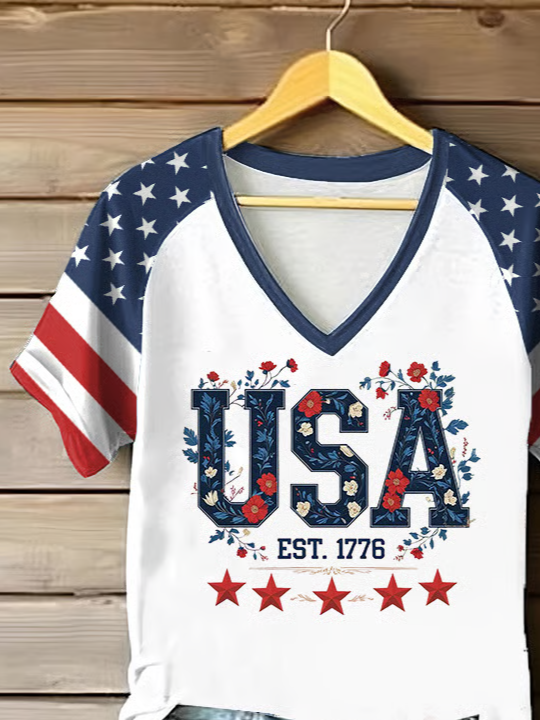 Women Floral Short Sleeve Tee T-shirt V Neck Printing Casual Summer Graphic Tee Top