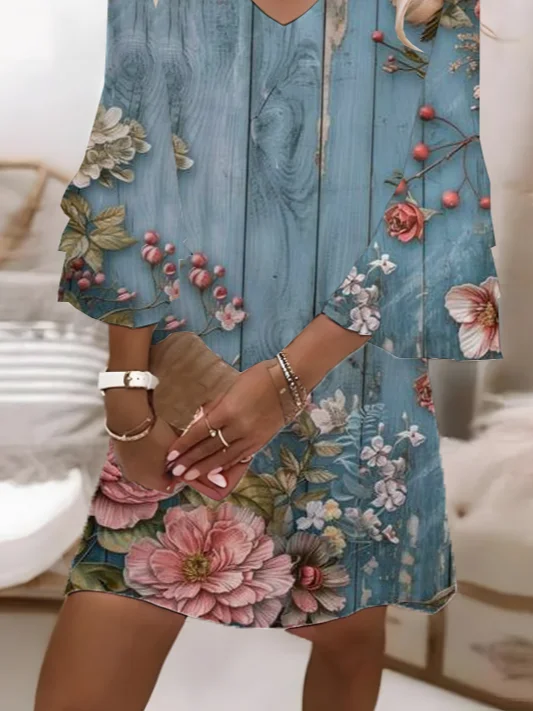 Women Floral Half Sleeve Summer Printing Dress V Neck Daily Casual Maxi H-Line Dress