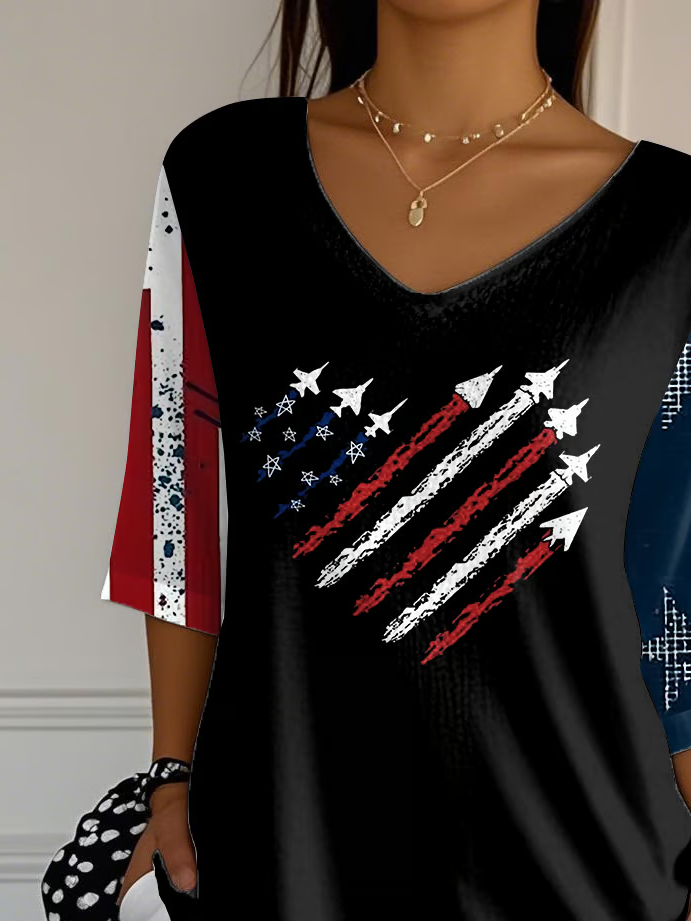 Women Independence Day (Flag) Three Quarter Sleeve Tee T-shirt V Neck Printing Casual Spring/Fall Top
