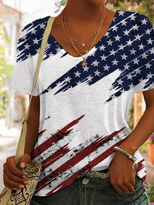 Women Independence Day (Flag) Short Sleeve Tee T-shirt V Neck Printing Casual Summer Graphic Tee Top