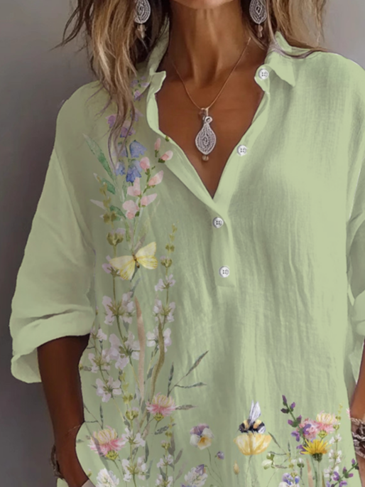Women Floral Long Sleeve Shirt Spring/Fall Printing Shirt Collar Daily Casual Top