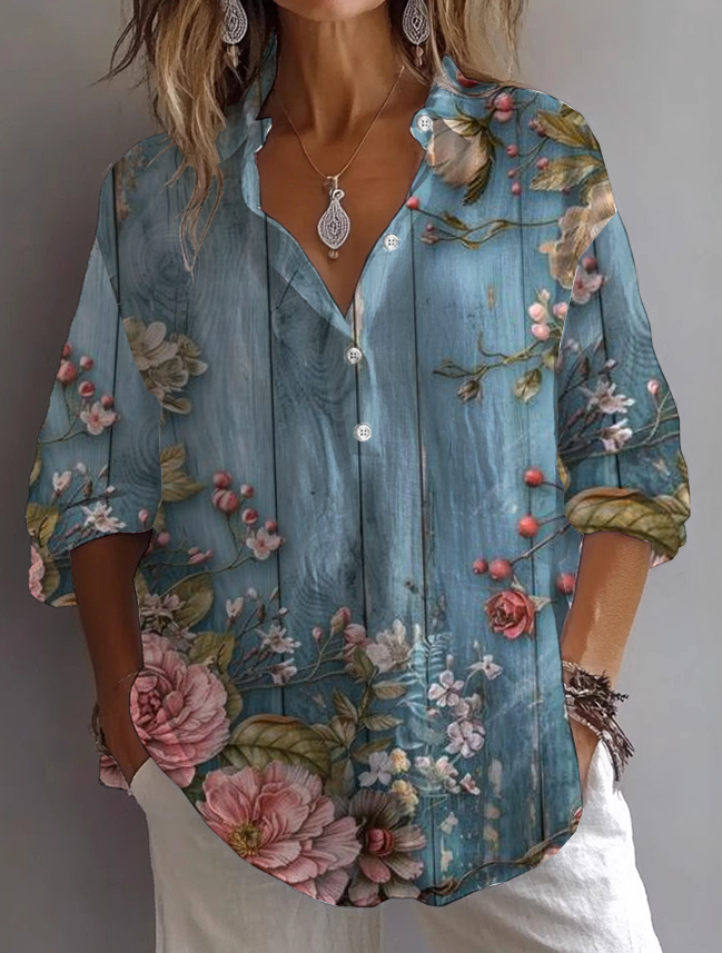 Women Ombre Long Sleeve Shirt Spring/Fall Printing Shirt Collar Daily Casual Top