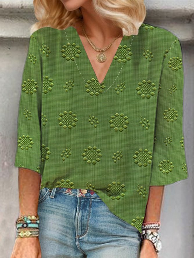 Women Floral Three Quarter Sleeve Blouse Spring/Fall Printing V Neck Daily Casual Top