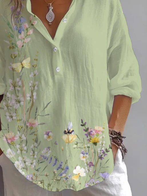 Women Floral Long Sleeve Shirt Spring/Fall Printing Shirt Collar Daily Casual Top