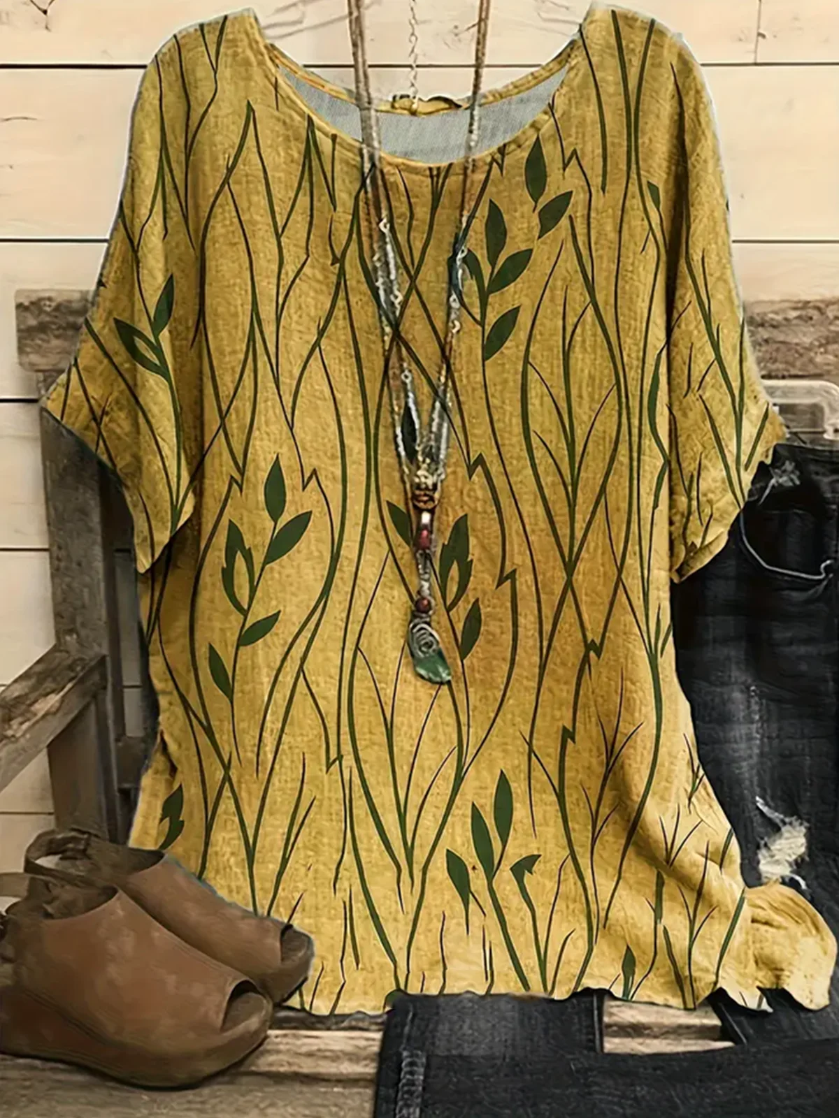 Women Plants Three Quarter Sleeve Tee T-shirt Crew Neck Vintage Spring/Fall Top