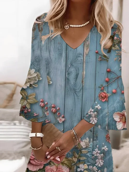 Women Floral Half Sleeve Summer Printing Dress V Neck Daily Casual Maxi H-Line Dress