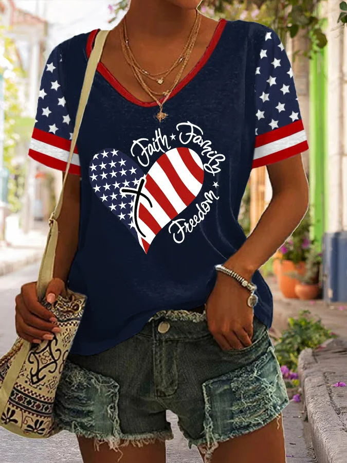Women Independence Day (Flag) Short Sleeve Tee T-shirt V Neck Printing Casual Summer Graphic Tee Top