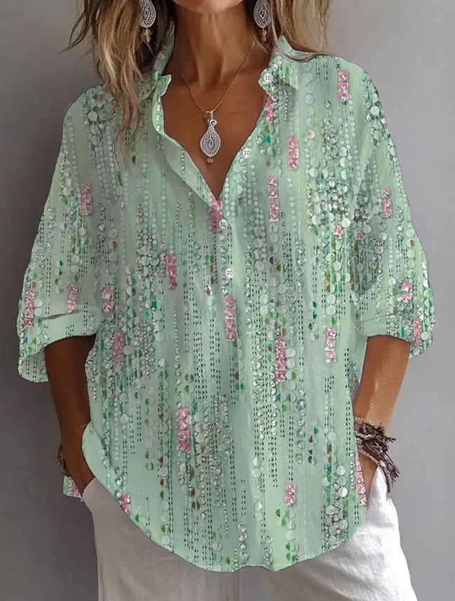Women Abstract Long Sleeve Shirt Spring/Fall Printing Shirt Collar Daily Casual Top