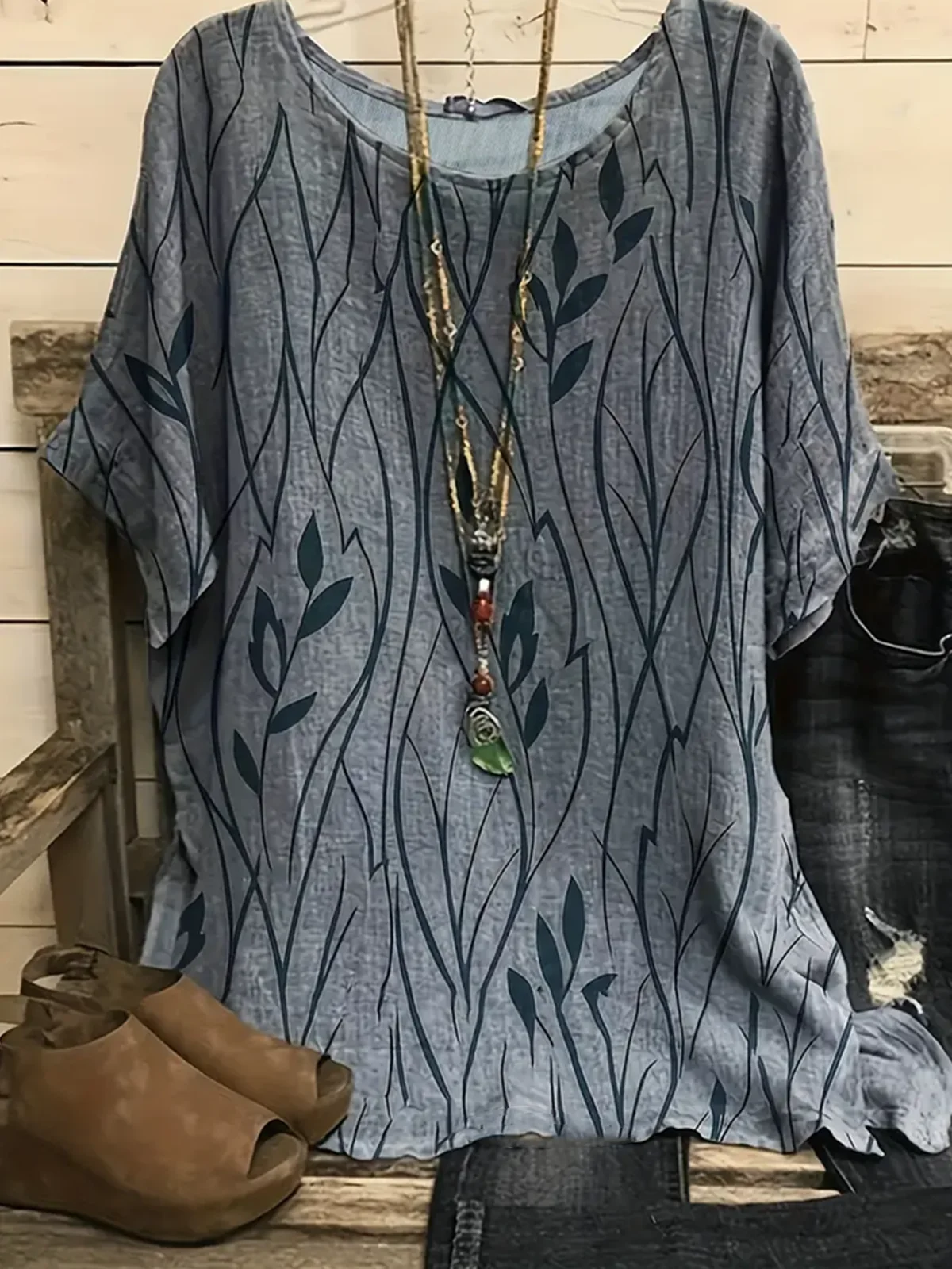 Women Plants Three Quarter Sleeve Tee T-shirt Crew Neck Vintage Spring/Fall Top